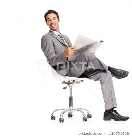 Business man, happy and reading newspaper in studio, headlines and information on current events. Businessperson, smile and knowledge or announcement on paper, news and update by white background 139751496