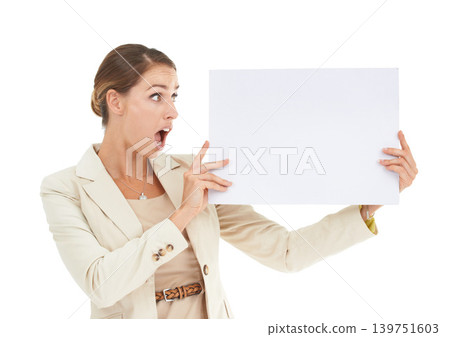 Surprise, space or businesswoman with banner mockup for a sale, promotion offer or logo advertising deal. Wow, plain bulletin board or excited lady with blank signage in studio on white background Surprise, space or businesswoman with banner mockup for a sale, promotion offer or logo advertising deal. Wow, plain bulletin board or excited lady with blank signage in studio on white background 139751603