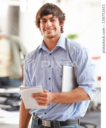 Business, man and portrait in office by tablet, technology and happy in workplace for connection. Designer, touchscreen or smile face for creative in job, confident or notepad in agency for planning 139751651