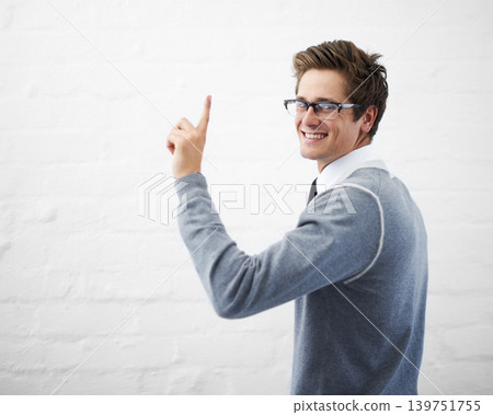 Smiling, man and idea with hand, worker and professional for corporate brainstorming at lawyer job. Working, young and person with gesture for attorney or legal question on a white background Smiling, man and idea with hand, worker and professional for corporate brainstorming at lawyer job. Working, young and person with gesture for attorney or legal question on a white background 139751755