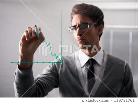 Businessman, writing and screen with graph in office, brainstorming and planning by idea in workplace. Finance professional, thinking or pen in problem solving, chart or solution in corporate career Businessman, writing and screen with graph in office, brainstorming and planning by idea in workplace. Finance professional, thinking or pen in problem solving, chart or solution in corporate career 139751761