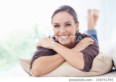 Relax, sofa and portrait of woman in home for resting on weekend, free time and break in living room. Apartment, house and person lying, comfortable and chill on couch for peace, calm and wellness Relax, sofa and portrait of woman in home for resting on weekend, free time and break in living room. Apartment, house and person lying, comfortable and chill on couch for peace, calm and wellness 139751765