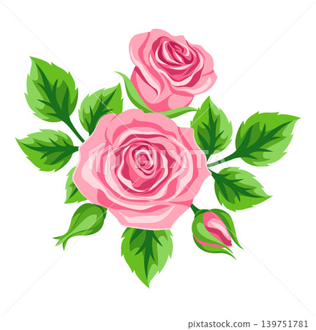 Decorative element with roses. Beautiful realistic flowers, buds and leaves. Decorative element with roses. Beautiful realistic flowers, buds and leaves. 139751781