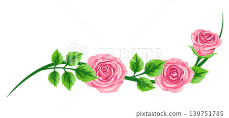 Decorative element with roses. Beautiful realistic flowers, buds and leaves. 139751785