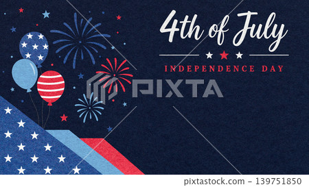 4th of July Independence Day dark blue textured paper background with red fireworks and balloons with copy space for banner 139751850