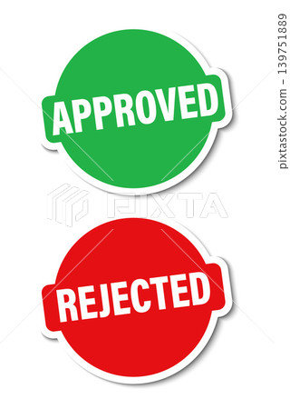 Vector set of two circular badge stickers with white outlines on a white background. The top stamp is green with bold APPROVED text, and the bottom one is red with REJECTED text. Minimalist and clean Vector set of two circular badge stickers with white outlines on a white background. The top stamp is green with bold APPROVED text, and the bottom one is red with REJECTED text. Minimalist and clean 139751889