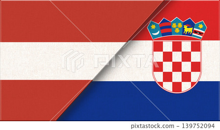 Flags of Austria and Croatia. Austrian and Croatian National flags on Fabric. Flags of Austria and Croatia. Austrian and Croatian National flags on Fabric. 139752094