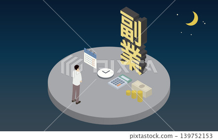 An isometric illustration of a person thinking about a side hustle and financial planning at night. An isometric illustration of a person thinking about a side hustle and financial planning at night. 139752153