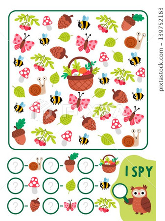 Forest I spy game for kids. Searching and counting activity with woodland symbols. Wildlife printable worksheet for preschool children. Simple spotting puzzle with basket, mushrooms, bumblebee Forest I spy game for kids. Searching and counting activity with woodland symbols. Wildlife printable worksheet for preschool children. Simple spotting puzzle with basket, mushrooms, bumblebee 139752163
