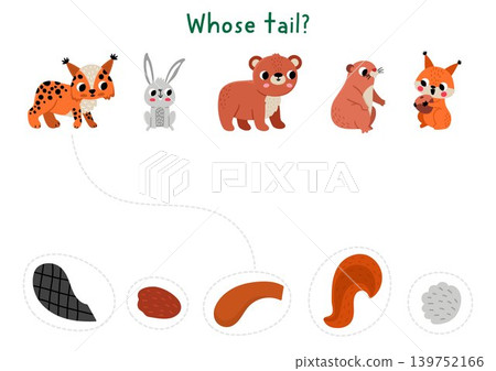 Forest matching activity with cute animals and their tails. Woodland puzzle with lynx, hare, bear, beaver, squirrel. Match object game with body part. Wildlife printable worksheet Forest matching activity with cute animals and their tails. Woodland puzzle with lynx, hare, bear, beaver, squirrel. Match object game with body part. Wildlife printable worksheet 139752166