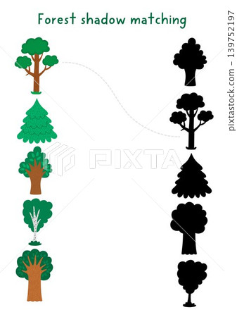 Forest shadow matching activity with cute trees. Woodland puzzle with traditional plants. Wildlife find correct silhouette printable worksheet, game with fir tree, birch, oar, spruce Forest shadow matching activity with cute trees. Woodland puzzle with traditional plants. Wildlife find correct silhouette printable worksheet, game with fir tree, birch, oar, spruce 139752197