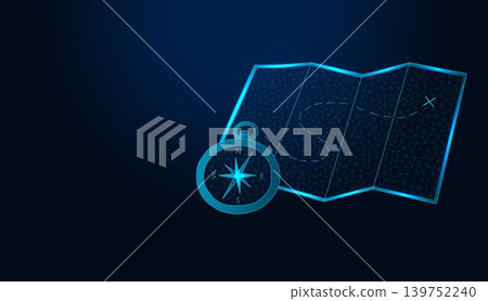 Low poly wireframe map and compass navigation on dark blue background. Low poly wireframe map and compass navigation on dark blue background. 139752240