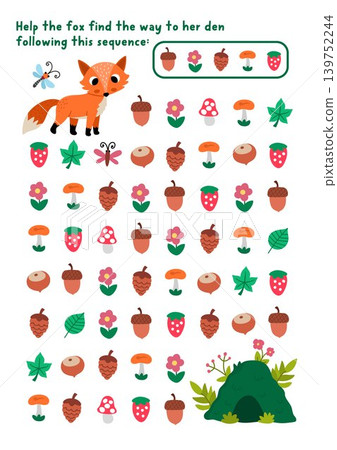 Forest maze, seek and find logical game. Attention skills puzzle, printable activity with woodland animal, hill house. Logical searching puzzle. Follow the sequence of elements to help fox get to den Forest maze, seek and find logical game. Attention skills puzzle, printable activity with woodland animal, hill house. Logical searching puzzle. Follow the sequence of elements to help fox get to den 139752244