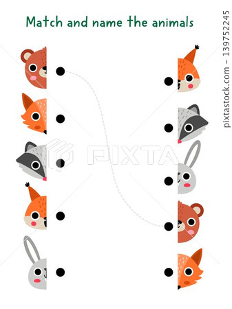 Forest matching activity with cute animal muzzles. Woodland puzzle with face halves. Match objects game. Wildlife printable worksheet with bear, fox, raccoon, squirrel, hare heads 139752245