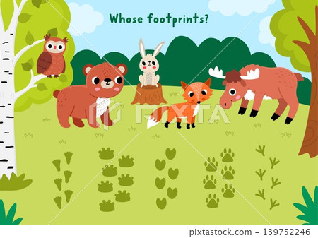 Forest matching activity with animals, birds and their footprints. Woodland puzzle with bear, elk, fox, hare, owl. Match object game with foot prints. Wildlife printable worksheet with cute landscape Forest matching activity with animals, birds and their footprints. Woodland puzzle with bear, elk, fox, hare, owl. Match object game with foot prints. Wildlife printable worksheet with cute landscape 139752246