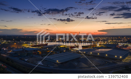 Drone view showcasing its chemical, petrochemical, and port industries at night Drone view showcasing its chemical, petrochemical, and port industries at night 139752408