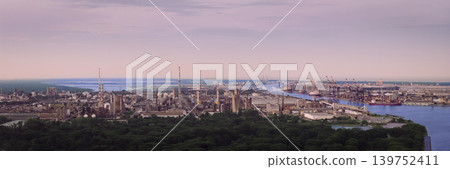 Drone view showcasing its chemical, petrochemical, and port industries at sunset Drone view showcasing its chemical, petrochemical, and port industries at sunset 139752411