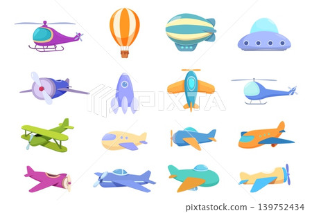 Cartoon children air transport. Plastic toys for kids, aircraft, planes, helicopters, hot air balloon, spaceship and ufo. Game elements, sapid vector set Cartoon children air transport. Plastic toys for kids, aircraft, planes, helicopters, hot air balloon, spaceship and ufo. Game elements, sapid vector set 139752434