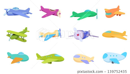 Cartoon toy airplanes. Plastic planes for children games. Flying transport, modern and retro style models. Isolated toys, sapid vector clipart 139752435
