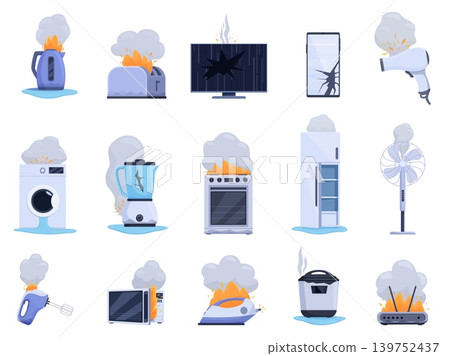 Broken electronics appliances. Damaged washing machine, oven and fridge. Home devices in fire flame, smoke and water. Repairs required sapid vector set 139752437