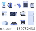Cartoon kitchen appliances. Smart household devices, home technics. Oven and fridge, microwave, electrical teapot and coffee machine. Helpers for cooking, sapid vector set 139752438