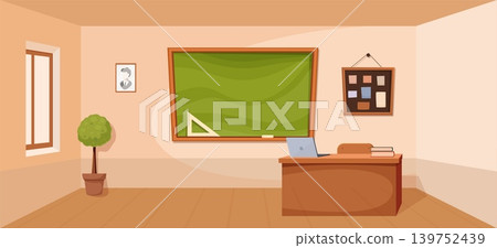 Teacher table in classroom. Empty school room with chalkboard and place for professor. Education, wooden desk with laptop. Study process sapid vector scene 139752439