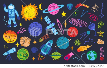 Colored pencil planets. Children style drawing space elements, universe adventures. Astronaut, sun, saturn, satellite. Grunge stars, comets neoteric vector set 139752455