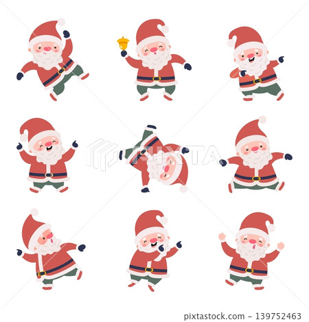 Dancing santa claus. Funny santa different active poses, disco dance characters. Fun winter christmas time, holidays seasonal and new year, nowaday vector set Dancing santa claus. Funny santa different active poses, disco dance characters. Fun winter christmas time, holidays seasonal and new year, nowaday vector set 139752463