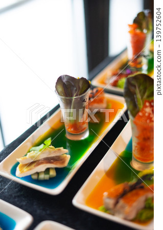 Creative Fine Dining Food Presentation with Gourmet Starters Creative Fine Dining Food Presentation with Gourmet Starters 139752604