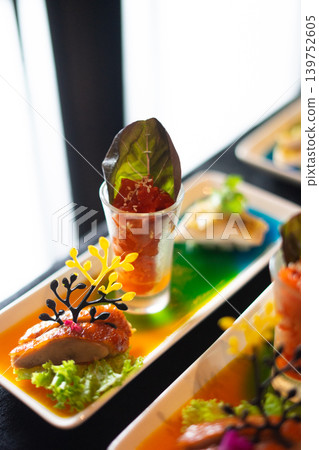Luxury Restaurant Starter Menu with Artistic Food Plating Luxury Restaurant Starter Menu with Artistic Food Plating 139752605
