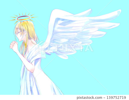 A woman with her hands clasped, an angel, wearing a stole and blonde hair. A woman with her hands clasped, an angel, wearing a stole and blonde hair. 139752719