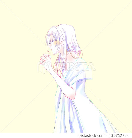 雙手交握、身披披肩的女子，線條畫。 139752724
