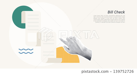 Trendy Halftone Collage of a halftone hand pointing at an invoice document with stamp and text lines, symbolizing bill check and payment verification, ideal for finance and accounting content. 139752726