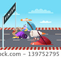 Fast snails. funny cartoon race riders snails on finish. vector background 139752795