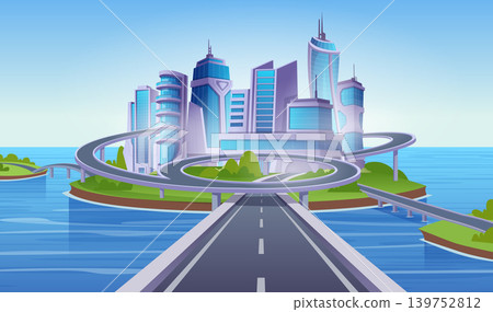 Skyscraper landscape. Future urban landscape with big houses exact vector background illustration Skyscraper landscape. Future urban landscape with big houses exact vector background illustration 139752812