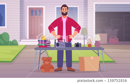 Second hand. People selling old used items on flea market exact vector cartoon background Second hand. People selling old used items on flea market exact vector cartoon background 139752816
