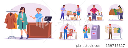 Second hand. Vintage clothes selling used items exact vector illustrations Second hand. Vintage clothes selling used items exact vector illustrations 139752817