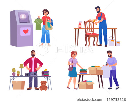 Second hand. Selling old fashioned clothes and different used items exact vector shopping concept illustrations 139752818