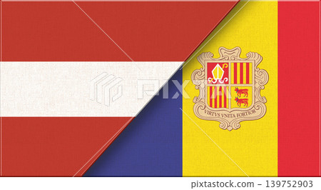 Flags of Austria and Andorra. Austrian and Andorran National flags on Fabric Flags of Austria and Andorra. Austrian and Andorran National flags on Fabric 139752903