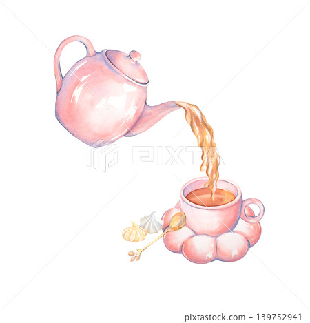 A watercolor pink ceramic porcelain tea set. The teapot, mug, cup, spoon, and meringue are hand-painted. A stream of hot black tea flows from the teapot. Isolated composition for design, printmaking. A watercolor pink ceramic porcelain tea set. The teapot, mug, cup, spoon, and meringue are hand-painted. A stream of hot black tea flows from the teapot. Isolated composition for design, printmaking. 139752941