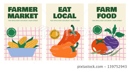 Set of three vertical banners for a farmer market or organic farm. Design featuring fresh corn, bell peppers, tomatoes, and beets on a tablecloth. Set of three vertical banners for a farmer market or organic farm. Design featuring fresh corn, bell peppers, tomatoes, and beets on a tablecloth. 139752943