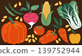 Illustration of fresh autumn harvest vegetables and seeds on a dark background. Pumpkin, corn, beet, carrot, tomato, peppers, and leafy greens for organic farming and healthy food design. 139752944