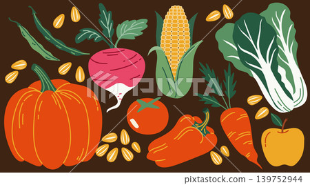 Illustration of fresh autumn harvest vegetables and seeds on a dark background. Pumpkin, corn, beet, carrot, tomato, peppers, and leafy greens for organic farming and healthy food design. Illustration of fresh autumn harvest vegetables and seeds on a dark background. Pumpkin, corn, beet, carrot, tomato, peppers, and leafy greens for organic farming and healthy food design. 139752944