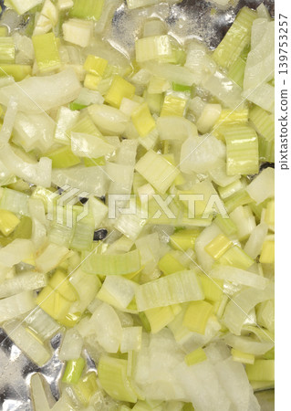 Pan Fry Chopped Onions, Garlic and Leeks Pan Fry Chopped Onions, Garlic and Leeks 139753257