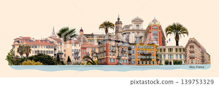 A view over the old town of Nice. Panorama of the old town Vieux Nice with its characteristic colored buildings. Art design A view over the old town of Nice. Panorama of the old town Vieux Nice with its characteristic colored buildings. Art design 139753329