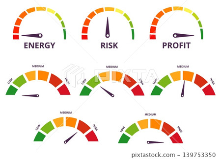 Risk meter. Low high levels, colorful scale and indicators. Diagrams for business, technologies, work process, credit score, financial monitoring nowaday vector set Risk meter. Low high levels, colorful scale and indicators. Diagrams for business, technologies, work process, credit score, financial monitoring nowaday vector set 139753350