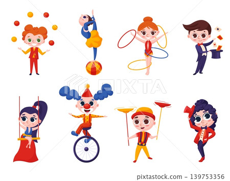 Little circus characters. Cute circus performers, equilibrist, gymnast, juggler, cartoon clown on bicycle and magician with assistant. Show entertainment nowaday vector set Little circus characters. Cute circus performers, equilibrist, gymnast, juggler, cartoon clown on bicycle and magician with assistant. Show entertainment nowaday vector set 139753356