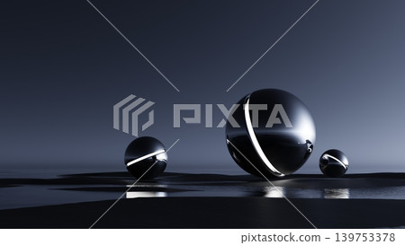 3D render, Abstract black metallic spheres with glowing rings on dark reflective landscape for futuristic design 3D render, Abstract black metallic spheres with glowing rings on dark reflective landscape for futuristic design 139753378