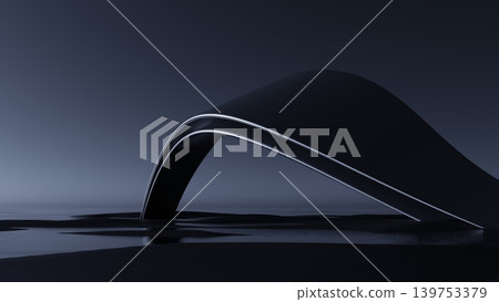 3D render, Abstract black curved bridge with glowing lines over dark reflective water for futuristic design 3D render, Abstract black curved bridge with glowing lines over dark reflective water for futuristic design 139753379