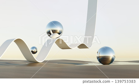 3d render, Abstract white ribbon waves with metallic spheres on desert landscape and water 3d render, Abstract white ribbon waves with metallic spheres on desert landscape and water 139753383